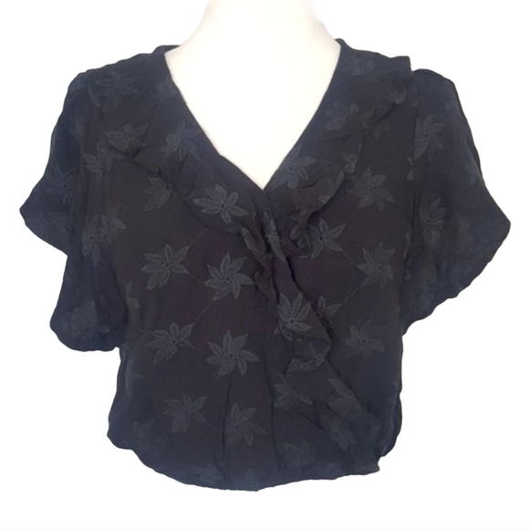 Mustard Seed Tops - Mustard Seed Floral Embroidered Black Ruffle Crop